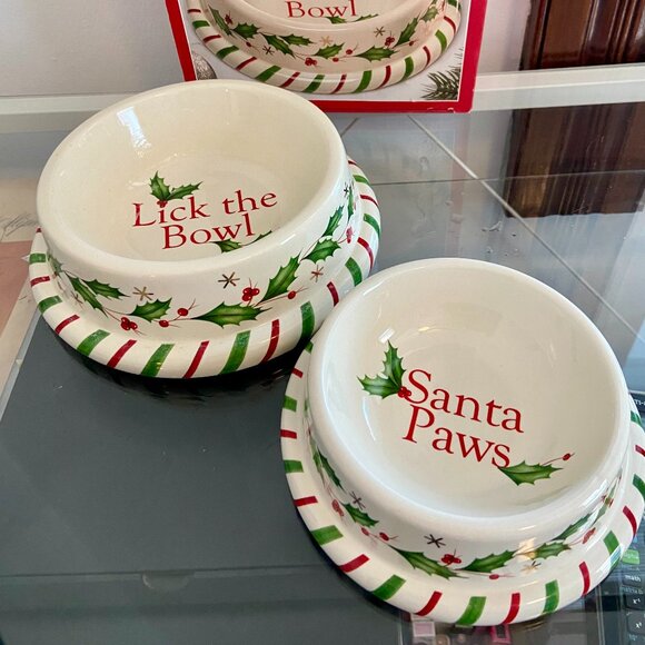 (2) VTG Lenox Christmas "Santa Paws" "Lick The Bowl" Pet Food ivy Berry Ceramic - Picture 2 of 15